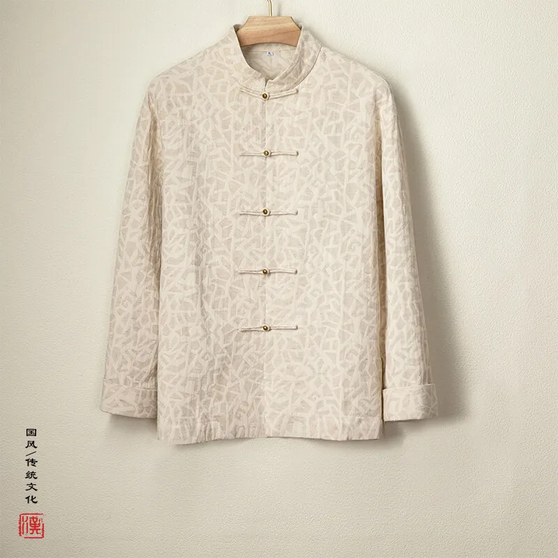 

2025 Ретро мужская традиционная китайская рубашка ханьфу, жаккардовая повседневная хлопковая рубашка Тан кунг-фу, мужские рубашки тай-чи с длинными рукавами