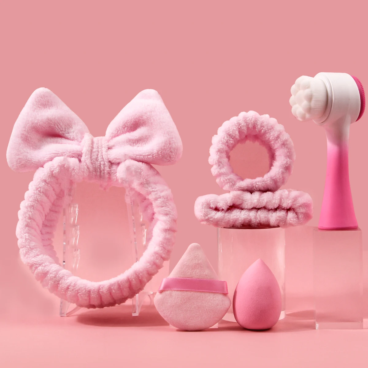 4 peças de faixa de cabelo de arco super absorvente/alça de pulso/escova facial + 2 peças de esponja sem entupimento em forma de leque de ovo