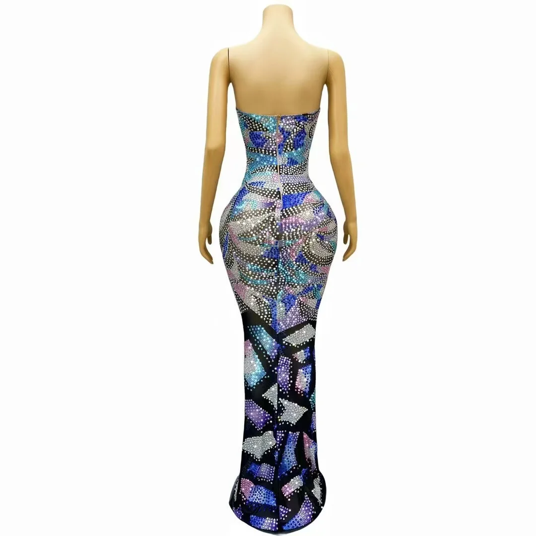 Flashing Colourful Rhinestones Artistic Design Tube Mesh Dress Women Evening Prom Luxurious Gown Handmade Elegant Costume