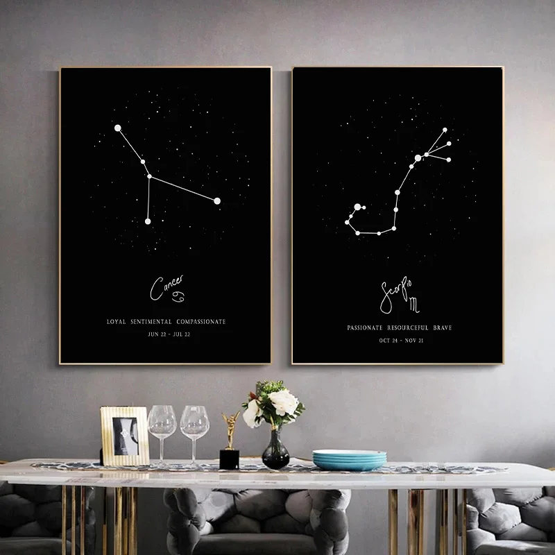 Zodiac Star Maps Posters Pisces Scorpio Leo Aries Virgo Canvas Painting Wall Art Picture for Livinig Room Home Decoration