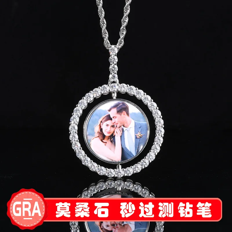 

S925 silver inlaid moissanite pendant, classic double-sided rotating photo pendant, trendy hip-hop accessory