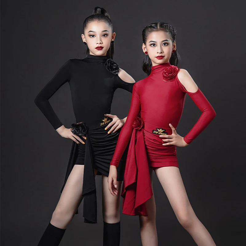 

Girls Red Black Off-Shoulder Latin Dance Performance Costume Bodysuit Skirt Kids ChaCha Samba Latin Competition Dresses VDB7170