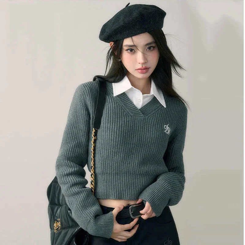 

Basic Black Cropped Sweater Women Vintage Korean Style Slim Gray Long Sleeve Knit Jumper Female Fashion