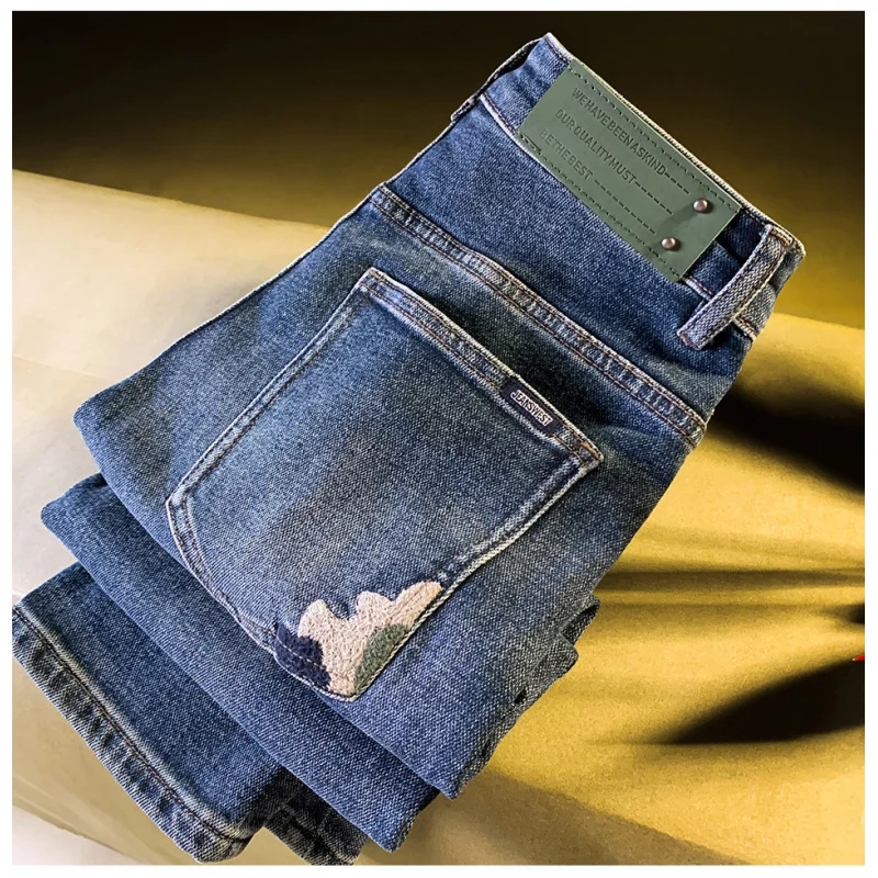 

Новинка 2025, осенние синие джинсы, мужские модные повседневные мужские свободные брюки прямого кроя, потертые легкие роскошные брюки корейского издания