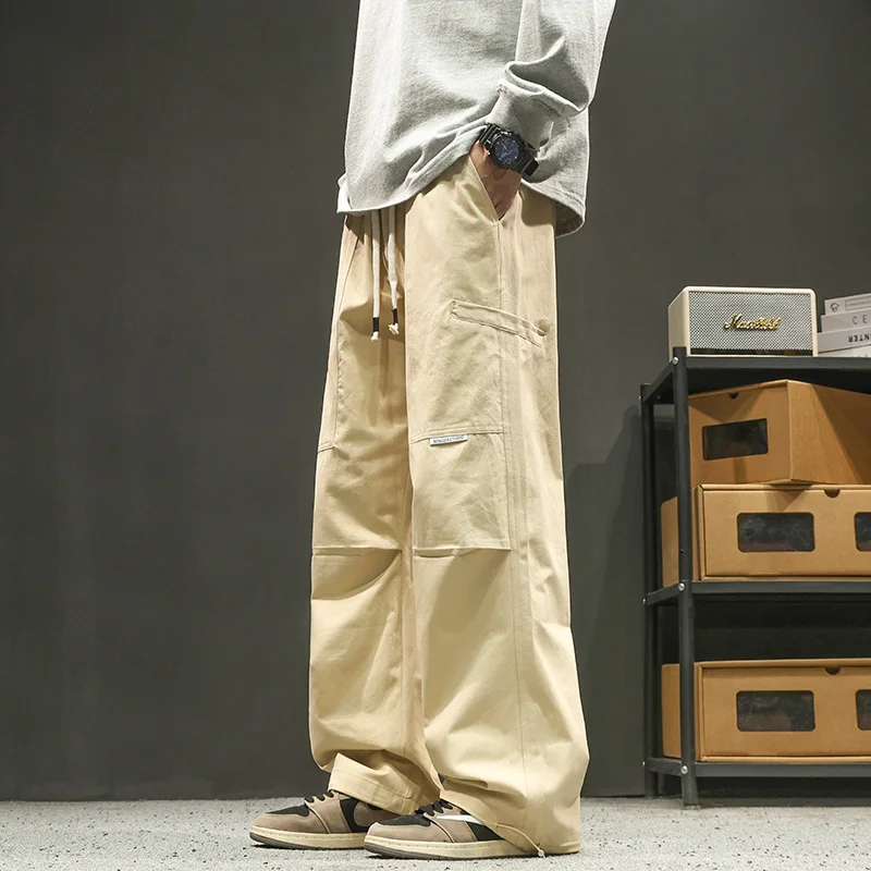Men\'s 100% Cotton Cargo Workwear Pants - Oversized Streetwear Joggers Drop-Crotch Straight Leg Trousers with Drawstring Waist