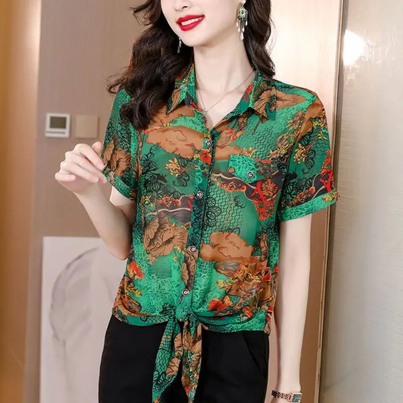 Office Lady Vintage Printed Shirt Stylish Bandage Summer Short Sleeve Single-breasted Female Turn-down Collar Spliced Blouse New