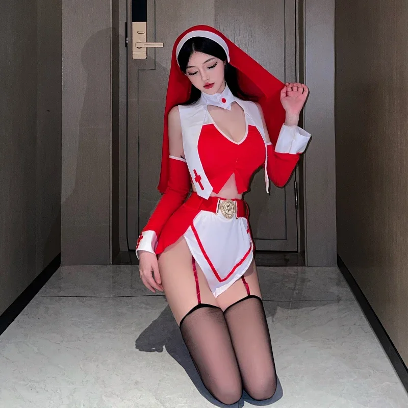 Sexy Lingerie Nun Cosplay Costumes Women Hollow Top Miniskirt Exotic Uniform Christmas Adult Temptation Roleplay Game Clothing