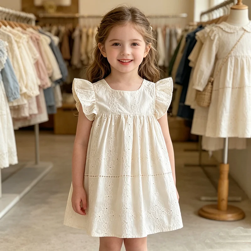

2026 New Summer Sister Clothing Kids Princess Dresses Flying Sleeve Cotton Solid Color Embroidery 2-7Yrs Baby Girl Party Dress