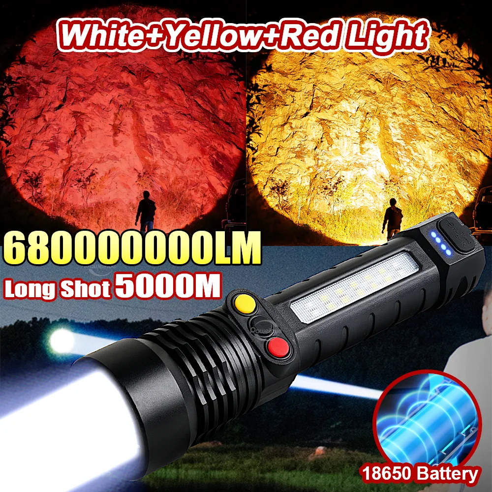 

68000000LM Самый мощный светодиодный фонарик, перезаряжаемый фонарь дальнего действия, 5000 м, белый + желтый + красный, тактический фонарь, свет для рыбалки, работы, лампа для рыбалки,фонарь аккумуляторный