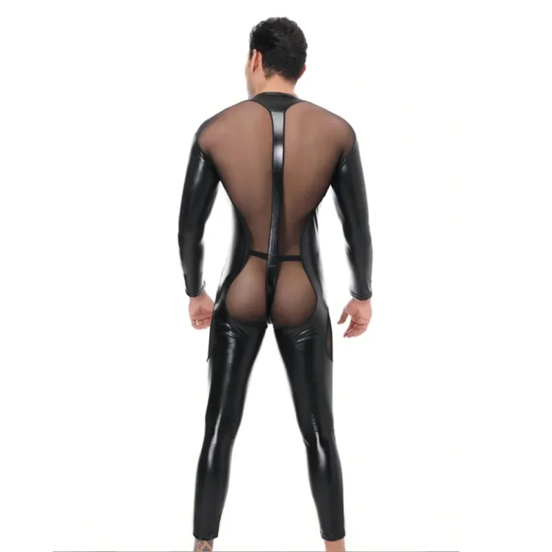 

Imitation Leather Jumpsuits Men Sexy See Through Mesh Bodysuits Gay Erotic Lingerie Club Party Wear Playsuits Performance Onesie