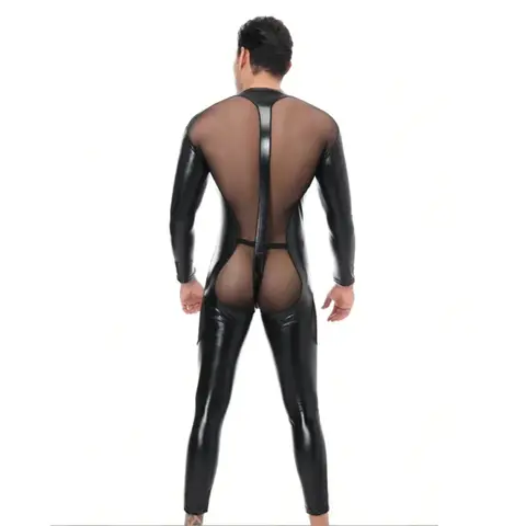 Imitation Leather Jumpsuits Men Sexy See Through Mesh Bodysuits Gay Erotic Lingerie Club Party Wear Playsuits Performance Onesie