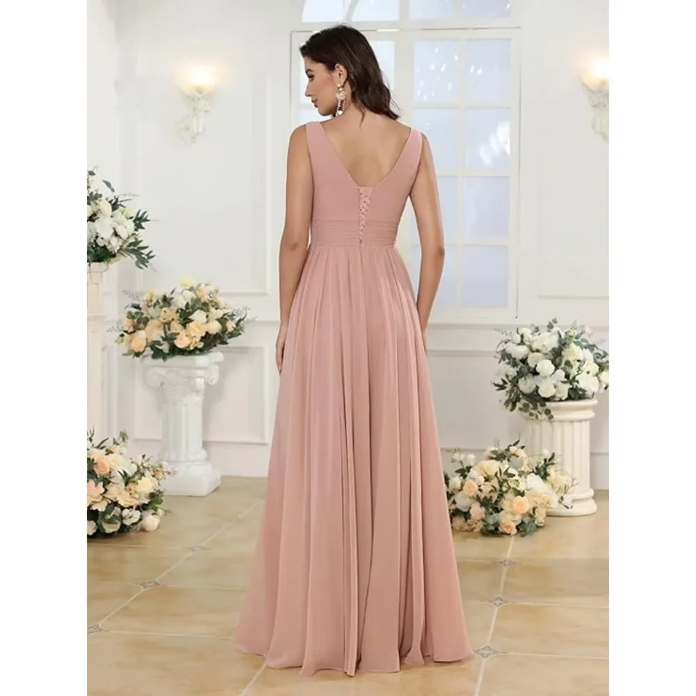 Wakuta-vestidos de dama de honor de gasa con cuello en V para mujer, vestidos largos con bolsillos, volantes, línea A, vestidos formales con abertura