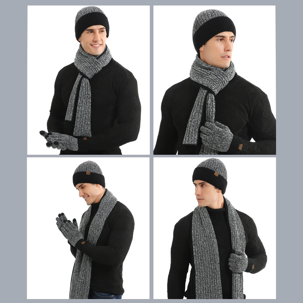 3 Pcs Winter Warm Beanie Hat Long Scarf Touchscreen Gloves Set Windproof Soft Mitten for Men & Women- Black