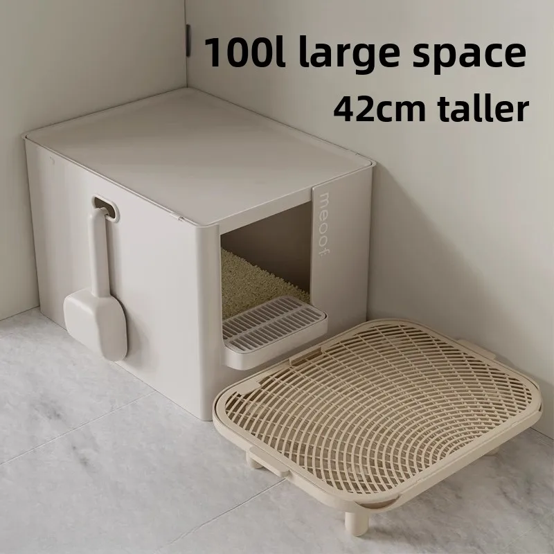 

Jumbo Cat Litter Box Semi-Enclosed Poop Tray with High Fence Isolate Odor Pet Toilet for Large Cats Dual Purpose Cat Bedpans