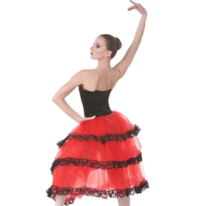 Tutú de Ballet largo español, Top negro de terciopelo, corpiño de tul rojo, trajes de baile, tutú de bailarina, 18004