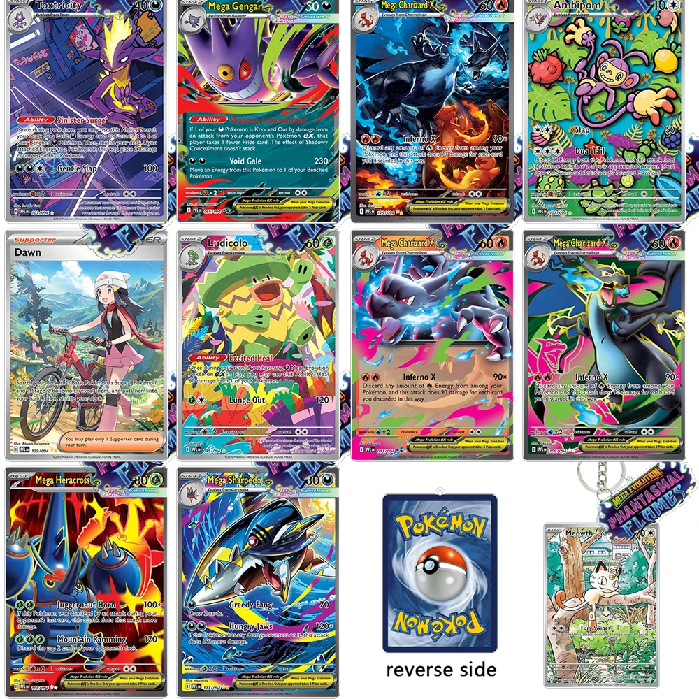 

PTCG MEGA EVOLUTION Acrylic Keychain PHANTASMAL FLAMES Gengar Charizard X Game Cards Pendant Bag Decor Cartoon Game Collection