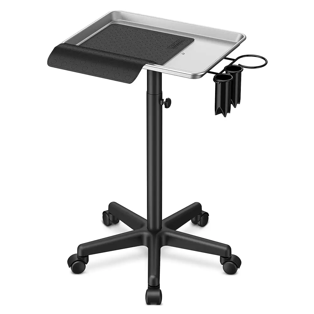 

Salon Tray On Wheels - Premium Aluminum Tattoo Tray Rolling Trolley - Adjustable Salon Service Rolling Tray Hairdresser Cart