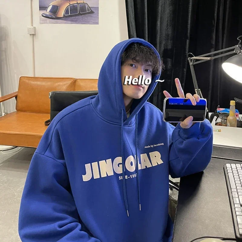Sweatshirts for Man Hooded Blue Men\'s Clothing Hoodies Letter Overfit Print Streetwear Korean Style High Quality Cheap Winter S