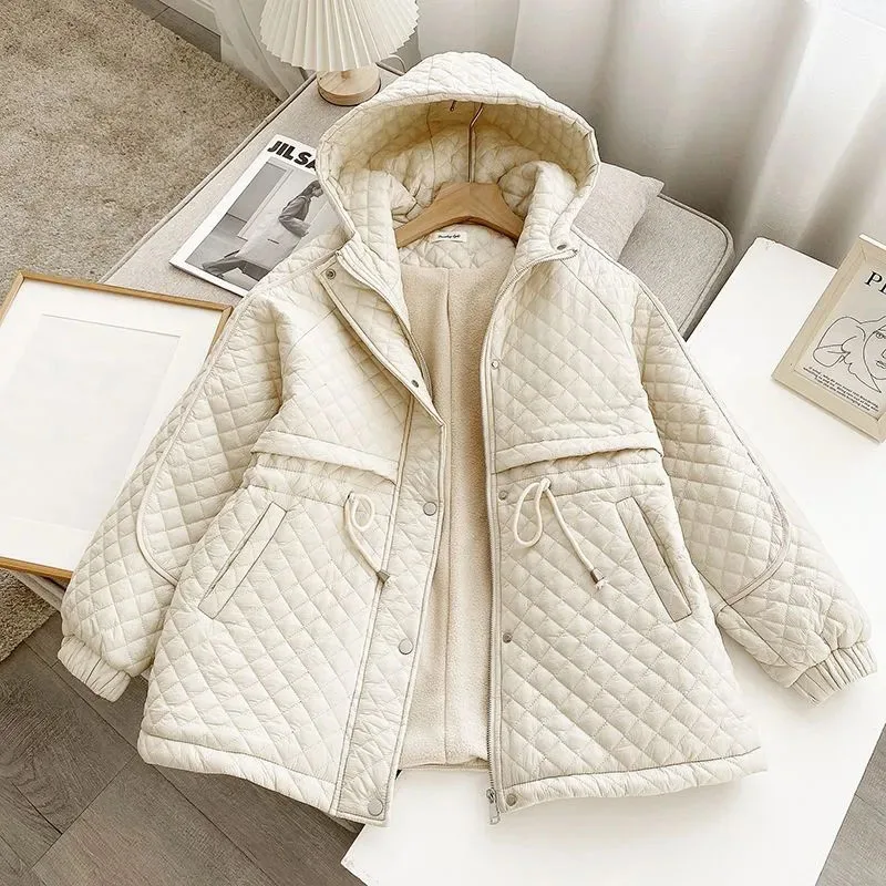 Diamond Check Down Cotton Coat for Women, Thick Padded Jacket, Hooded Parker Outerwear, Long Cotton Clothes, Plus Wool, Winter,