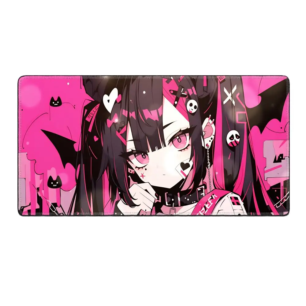 HYBXAXC Grunge Dark Cute Anime Girl Extra Large Desk Mat, Anti-slip Wear-resistant Soft Mouse Pad, Stylish Aesthetic Desktop Mat