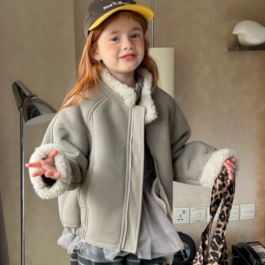 

Пальто для девочек, осень 2022, новая детская одежда, модное детское пальто для девочек в британском стиле, замшевое пальто из овечьей шерсти с высоким воротником