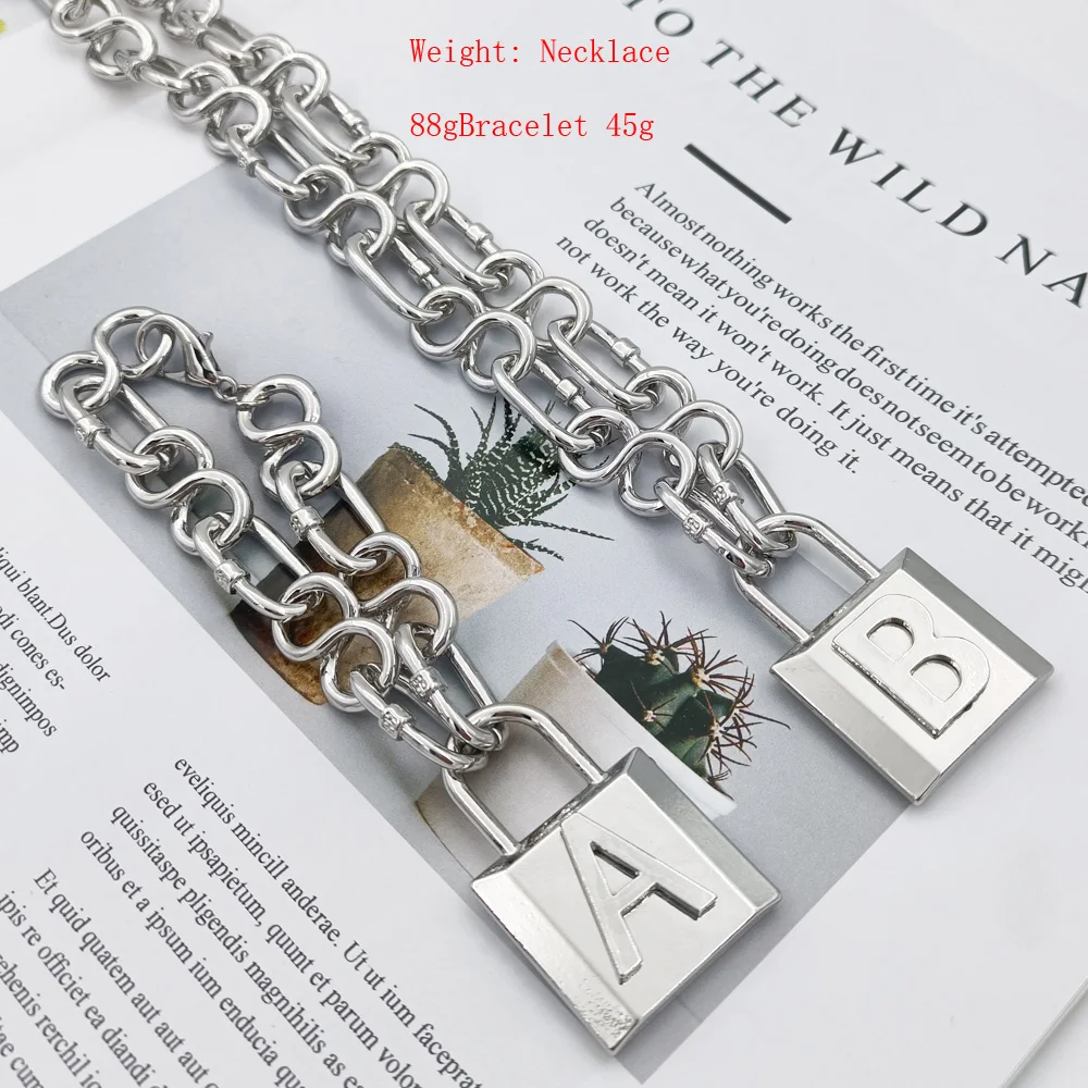 1pcs Fashion Bright Silver Colour Punk Exaggerated Thick Chain 26 Letter Lock Necklace Bracelet For Women Man Party Jewelry