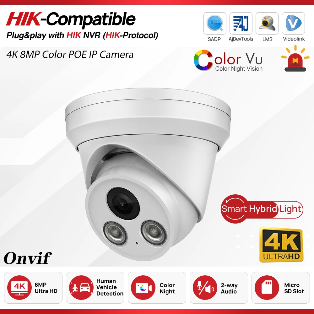 

8-мегапиксельная IP-камера ColorVu Smait с двойной подсветкой, встроенным микрофоном, обнаружением людей и транспортных средств, Plug&Play, совместимая с HIK NVR и Hikvision, Onvif