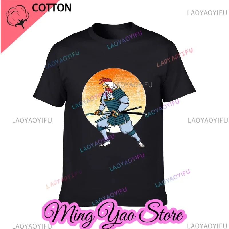 2024 Novel Japanese Samurai Fun Kung Fu Chicken Printed Cotton T-shirt Summer Men's Street Gift Birthday Gift Harajuku Top