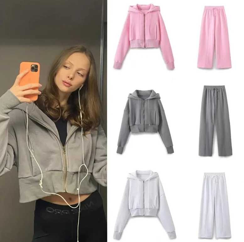 

Женский костюм, новый стиль, однотонная короткая куртка с длинными рукавами и капюшоном, свободные длинные брюки, спортивный модный комплект