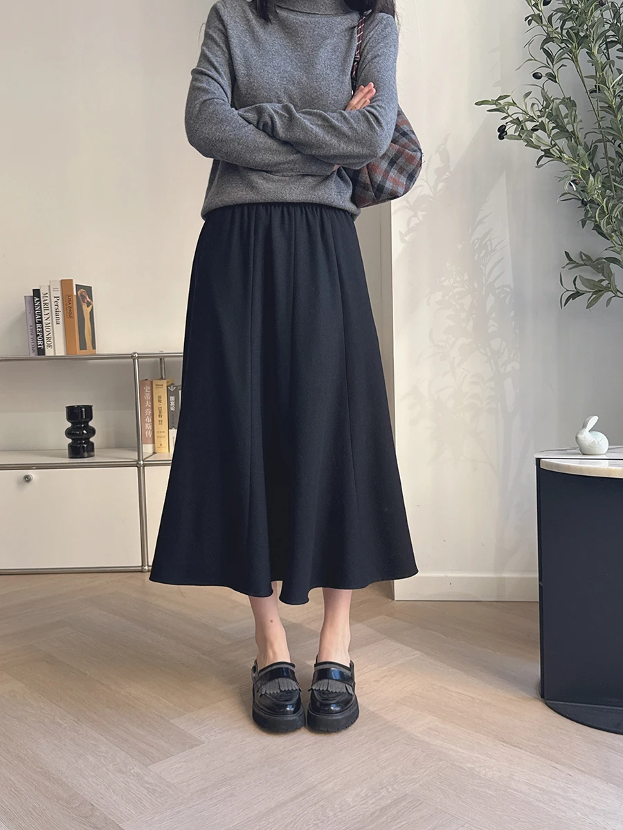 

Heben Filter Advanced Wool Autumn Winter Elastic Waist Draped Hip Concealing Slimming Pleated Mid-Length A-Line Umbrella Skirt