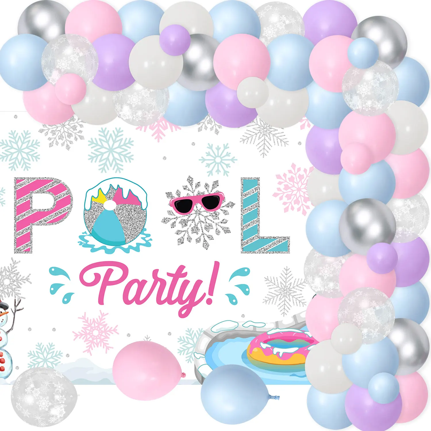 Winter Pool Party Birthday Decor Balloon Arch Kit with Snow Swimming PoolBackdrop Come Make A Splash Girl Birthday Bash Supplies