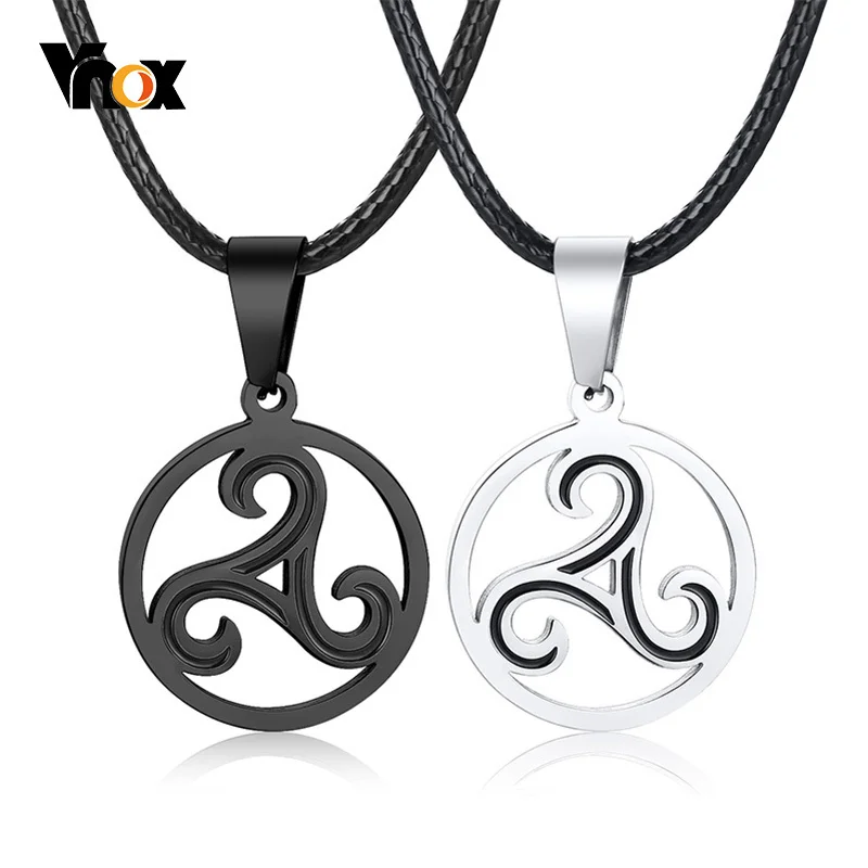 Vnox Retro Men Woman Celtic Triskelion Pendants Necklaces with 60-65cm Black Leather Rope Chain Accessory