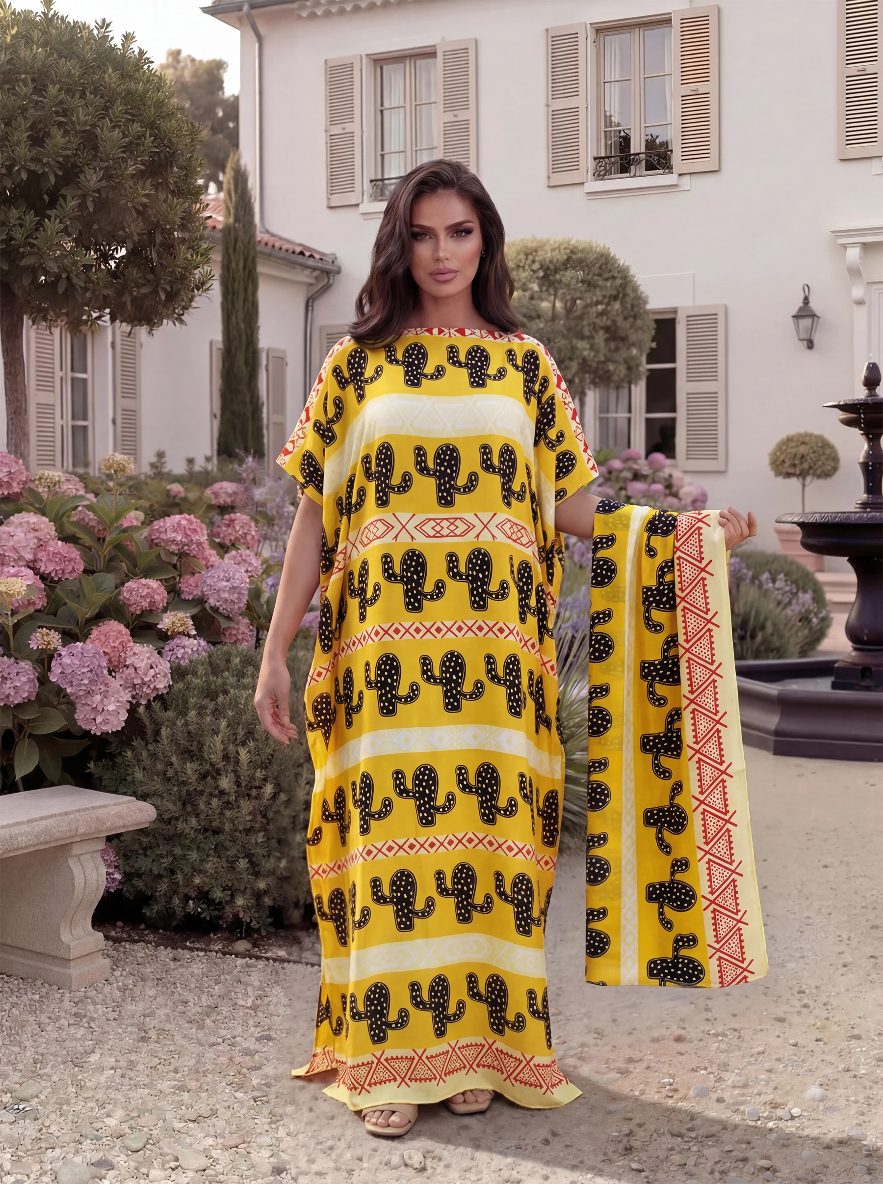 Boho Striped Cactus Print Satin Abaya & Scarf Set, Loose Batwing Maxi Kaftan for Muslim Women Summer Beach Holiday Daily Wear - view 5