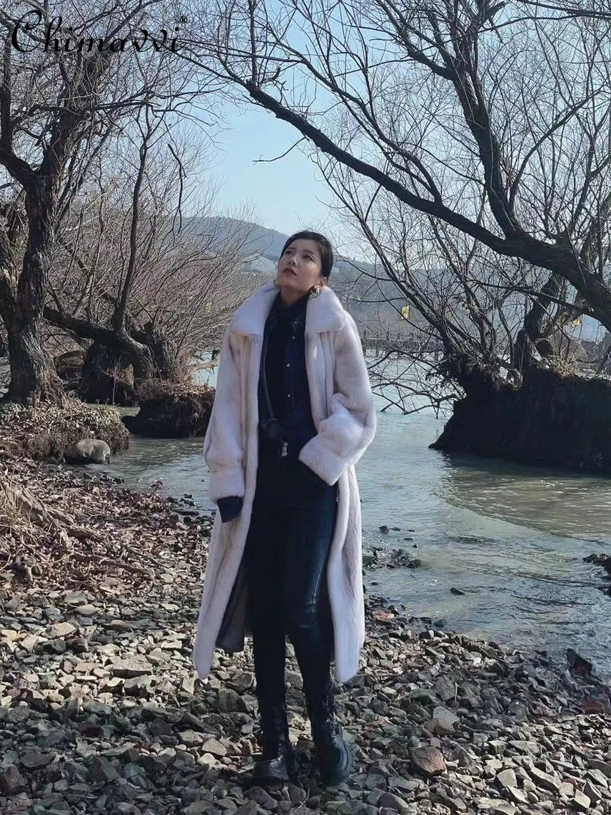 High-end Winter Warm Cross Mink Fur Fashion Stand-up Collar Long Sleeve Luxury Elegant Long Mink Velvet Coat Women's Faux Fur