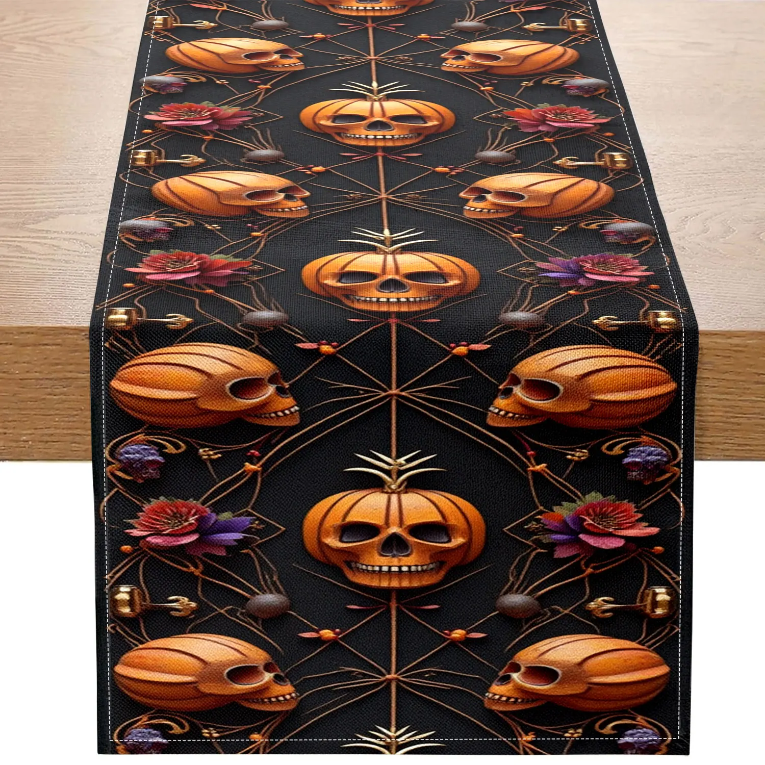

1 Halloween Pumpkin and Skull Themed Table Runner, Featuring Pumpkin Skulls and Floral Metal Patterns on a Black Background, Suitable for Halloween Parties, Themed Restaurants, Horror Atmosphere Decorations, Creative Studios, Holiday Decorations, Unique G