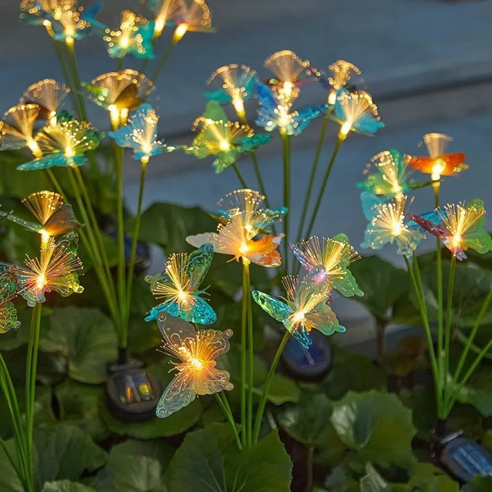

Waterproof Solar Garden Lights Outdoor Garden Decor Artificial Flower Floor Lamp Butterfly Fiber Optic Light Holiday Party Lamp