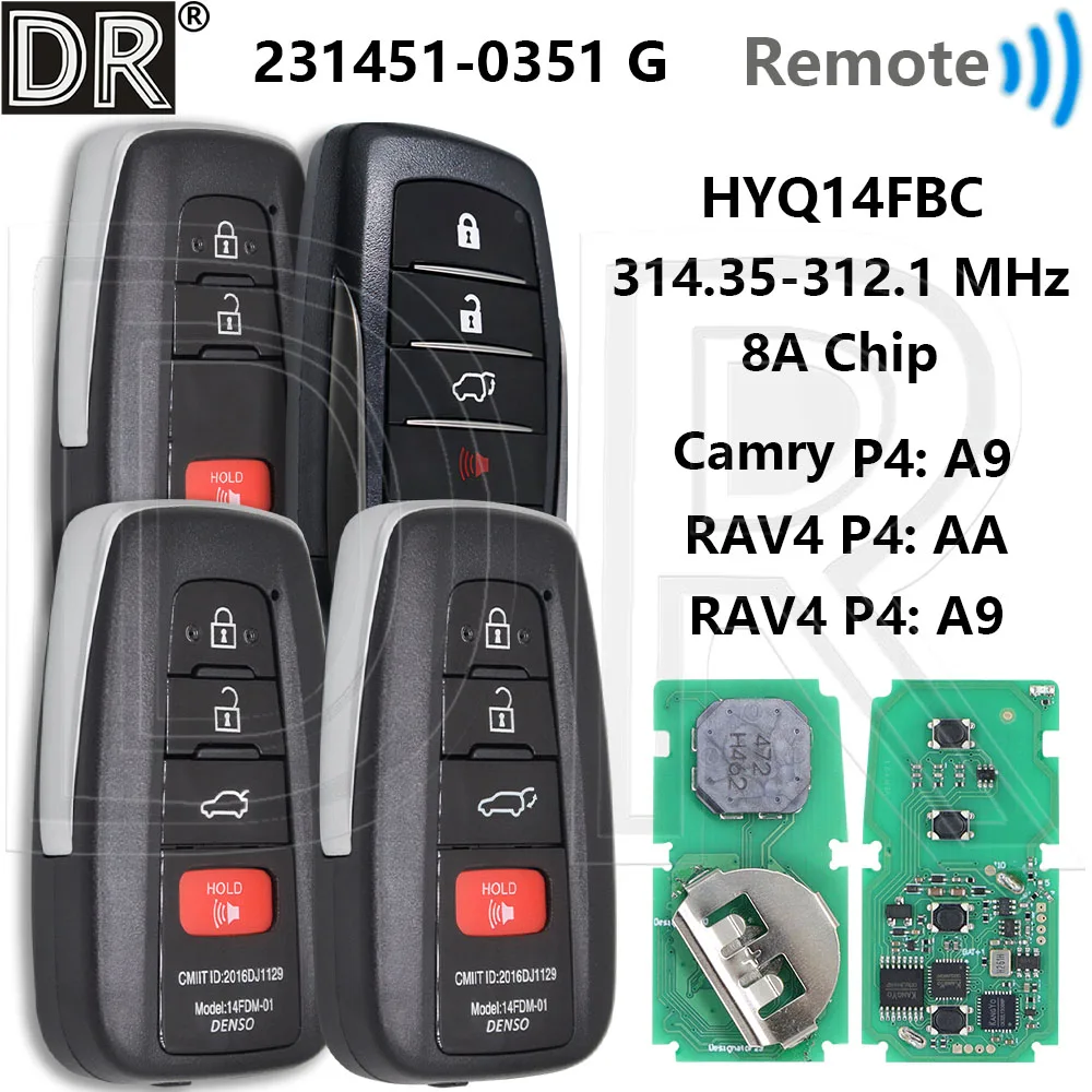 

Отличный 231451-0351G 314,35-312,1 МГц 8A чип HYQ14FBC бесконтактный автомобильный дистанционный смарт-ключ для Toyota Camry RAV4, версия для США 2018-2021