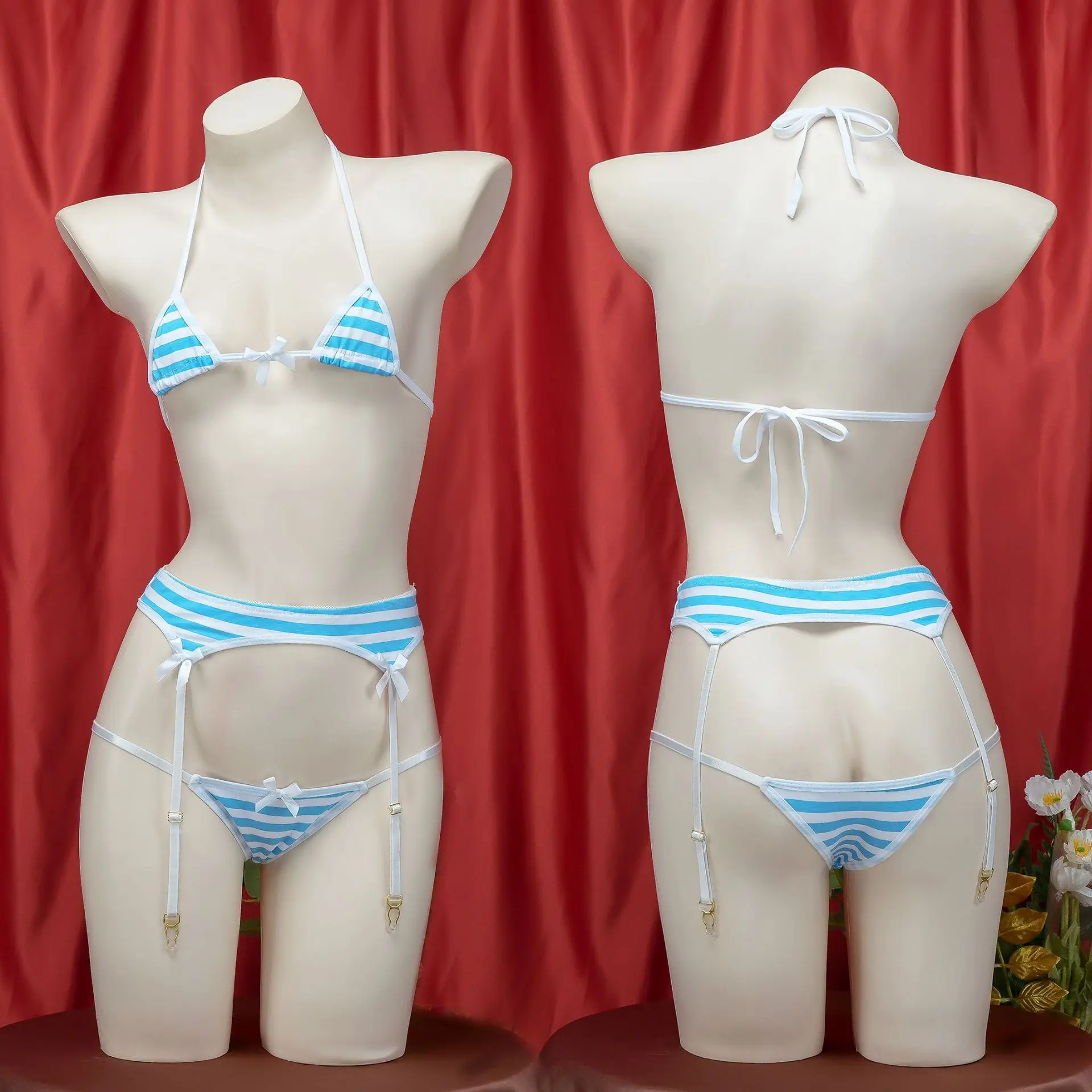 Cute Cosplay Lingerie Leather Three Point Bikini Bodysuit Kawaii Striped Lingerie Women Sexy Underwear Bra Outfit Erotic Clothes