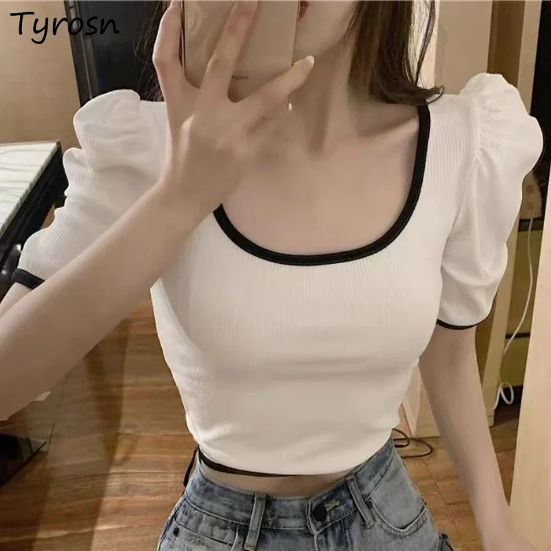 T-shirts Women Elegant All-match Simple Puff Sleeve Charming Romantic Age-reducing Square Collar Design Streetwear Classic Style