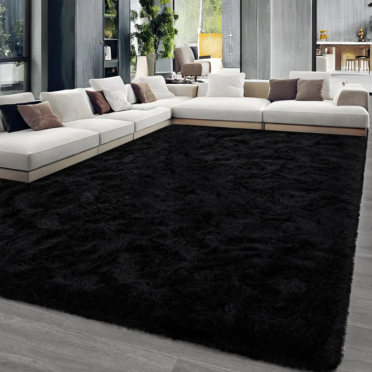 Fluffy Large Carpet for Living Room Black Non-Slip Machine Washable Plush Area Rugs for Bedroom Soft Thick Floor Mats