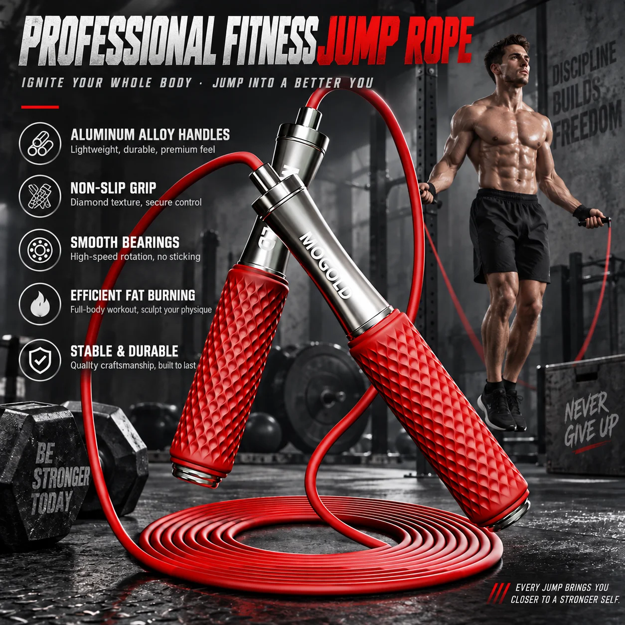 MOGOLD Professional Fitness Jump Rope - 5.0mm Thick Adjustable Skipping Rope with Aluminum Alloy Handles & Non-Slip Silicone Gri
