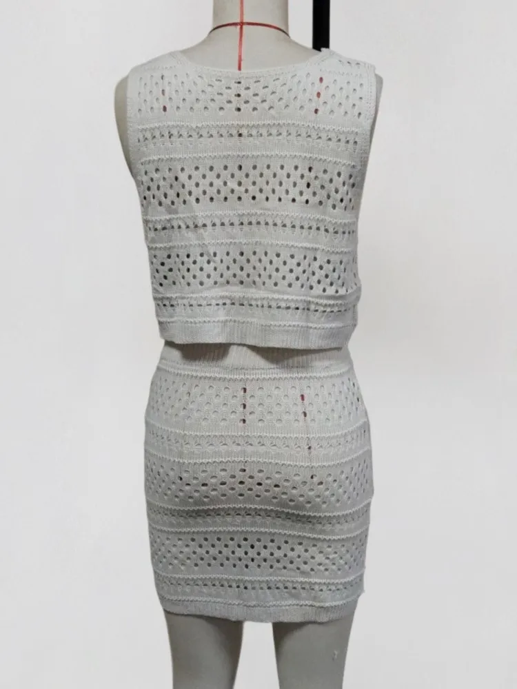 Swimwear Skirt Cover-up 2 Piece Set Women Crop Tops And Mini Skirt Bathing Suit Fashion Solid Hollow Sexy Beach Cover Up Outfits