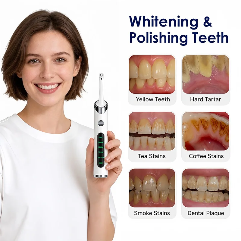 Tooth Polisher Teeth Whitening Kit for Teeth Cleaning and Whitening Equipped with 6 Brush Heads & LED Light,Rechargeable