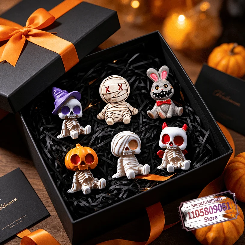 6pcs Halloween Resin Skeleton Mummy Figurines Mini Statues for DIY Micro Landscape Bonsai Car Desk Decor