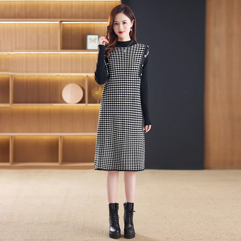 2023 Autumn/Winter New Knitted Sweater Jacquard Dress Women's Vintage Elastic Loose Large Slim Knee Length Bottom Wool Dress