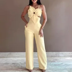 Women Jumpsuit Fashion Wide Leg Buttoned Casual Floral Pattern Hollow Out Sleeveless Pocket Desig Suspender Office Lady Jumpsuit