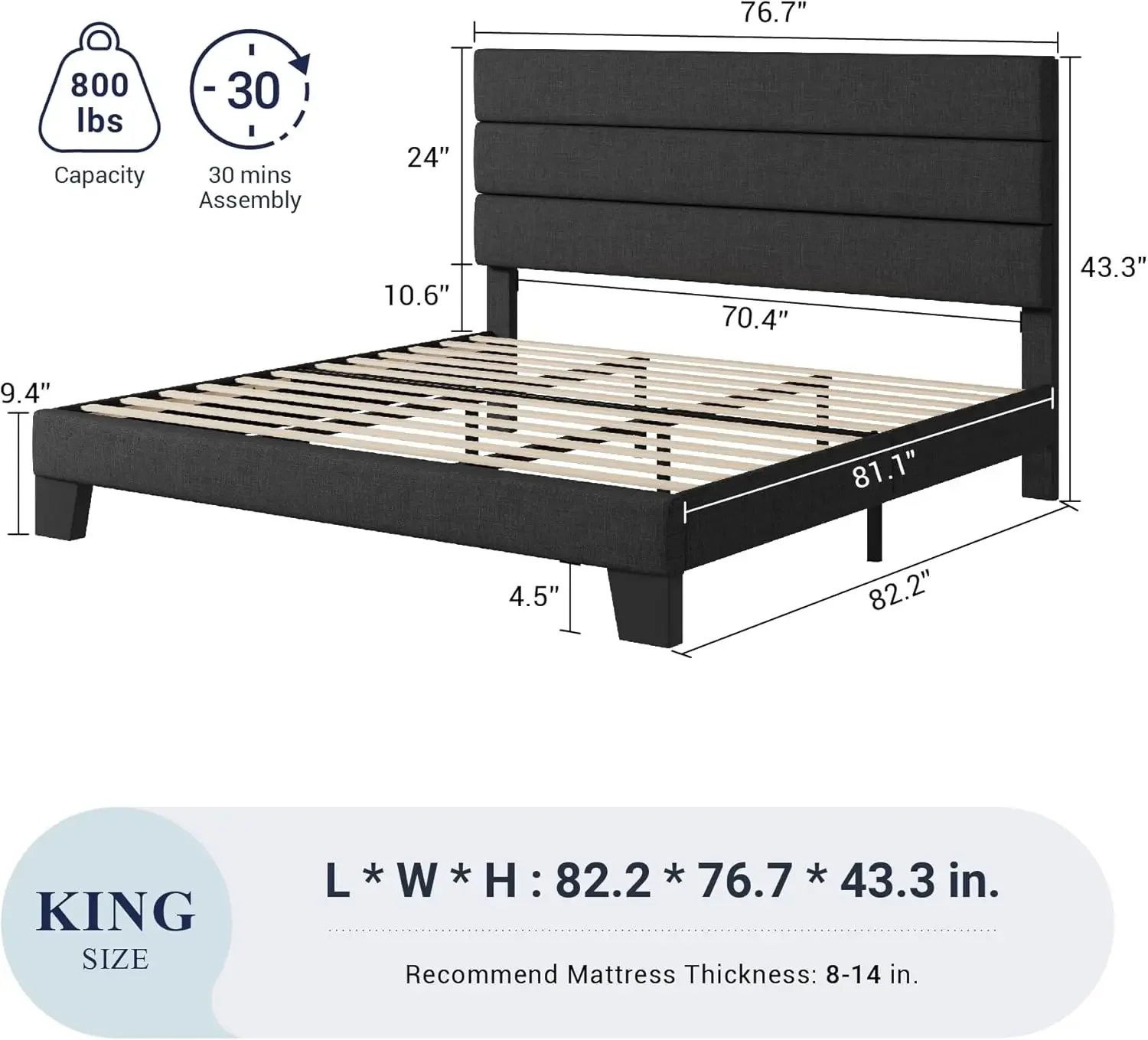 King Bed Frame Platform Bed with Fabric Upholstered Headboard and Wooden Slats Support, Fully Upholstered Mattress Foundation/No