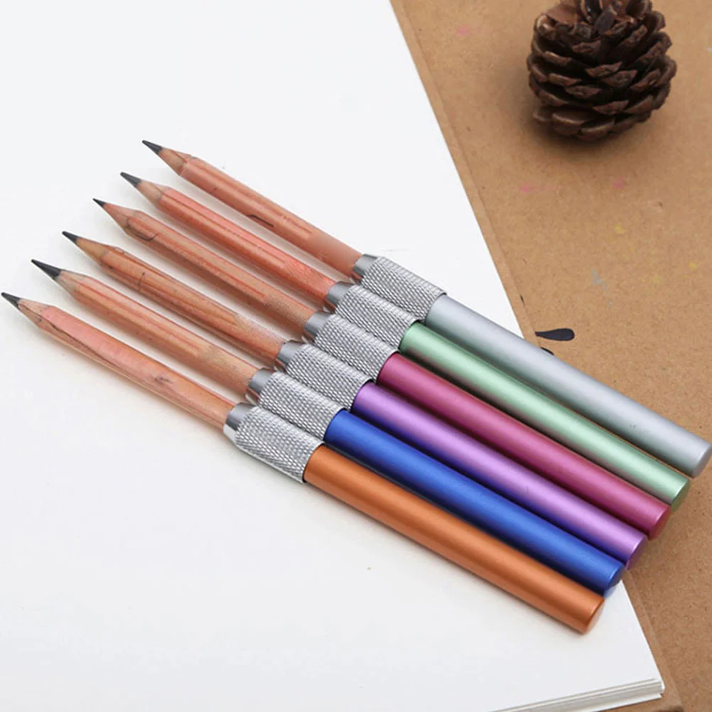 6Pcs Pencil Extension Holder Stainless Steel Reusable Stub Extender Non-Slip Design for Writing Drawing Office School Art