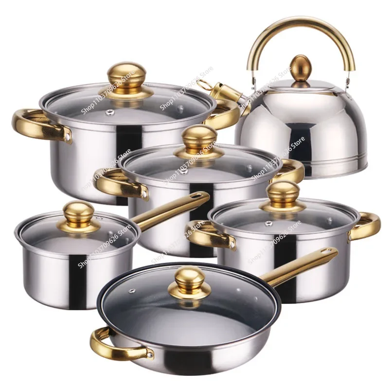 Colorful Stainless Steel Set Pot Non-stick Pan 12-piece Set Gold-plated Handle Stainless Pots Set Pot