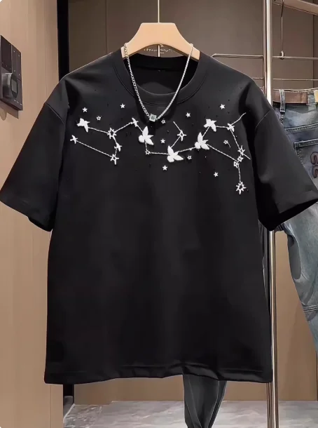 2026 Summer New Men's Comfortable Fashion Embroidery Rhinestone Loose Casual Black White Round Neck Short Sleeve T-Shirt